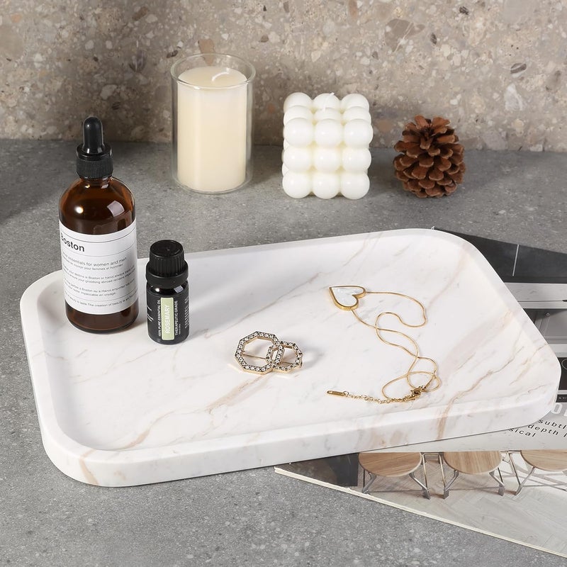 karibiber Marble Vanity Tray, Marble Bathroom Tray Countertop, Decorative Trays for Dresser Organizer, White Stone Storage Serving Trays for Kitchen, Perfume, Jewelry Cathall Holder - Image 5